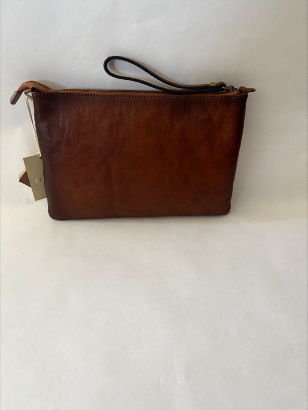 NWT Pralesi Firenze Cognac Burnished Brown Leather Clutch w/ Dust Bag Strap - Picture 4 of 5